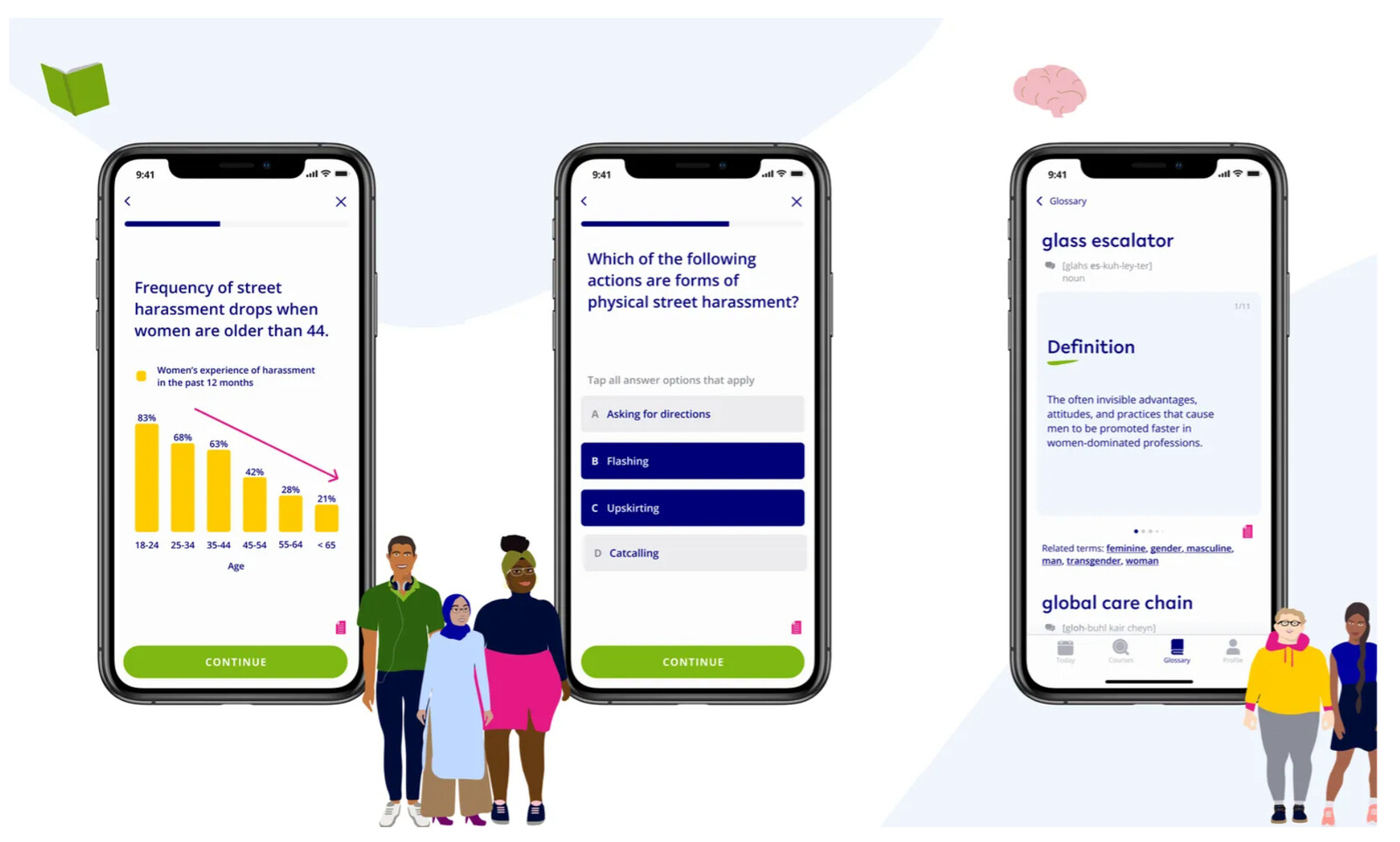 Three Equalista screens — a street-harassment data story, a multiple-choice quiz and the “glass escalator” glossary card — beside the app’s illustrated characters