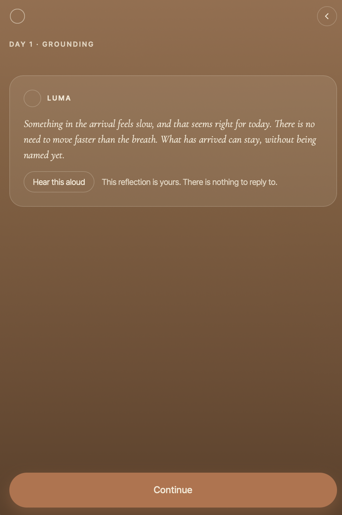 A Luma reflection card with a short passage, a “Hear this aloud” control, and the line “This reflection is yours. There is nothing to reply to.”