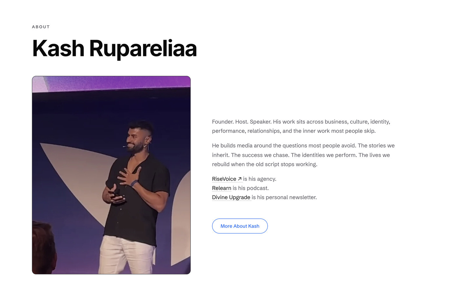 kashrupareliaa.me about section — Kash first, with RiseVoice, Relearn and Divine Upgrade branching from his story