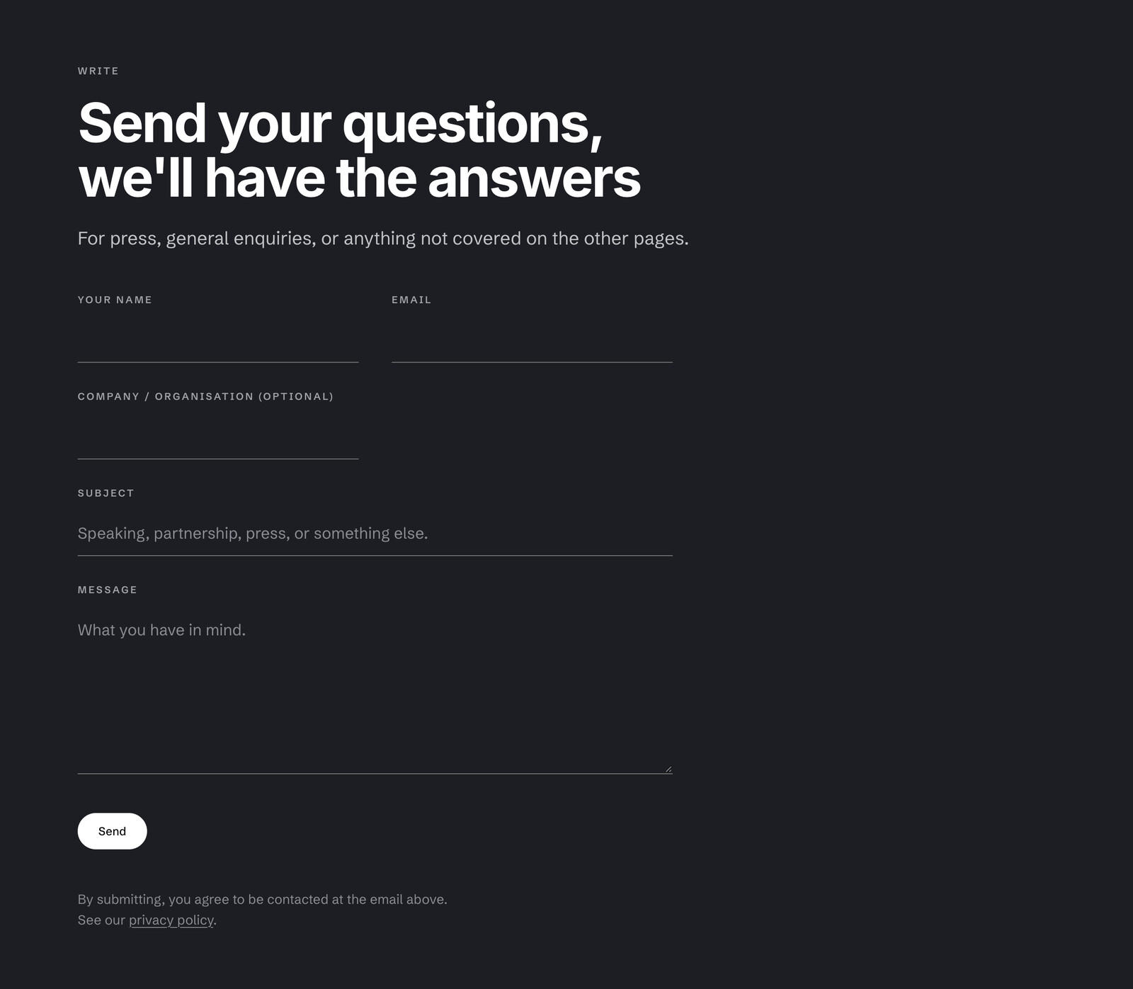 kashrupareliaa.me connect page — enquiry form with name, email, organisation, subject and message