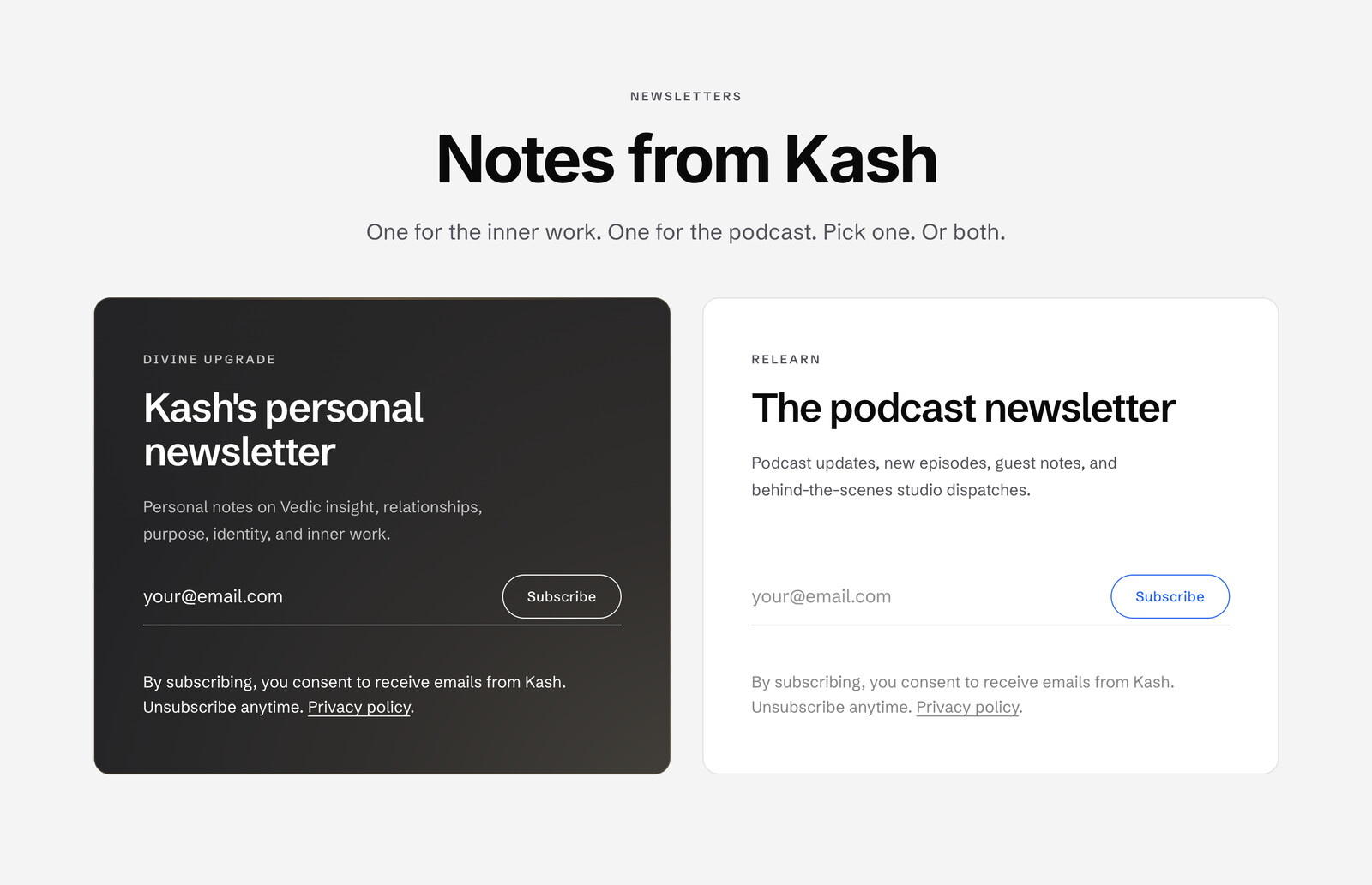 kashrupareliaa.me newsletters section — Divine Upgrade and The Relearn List signup cards
