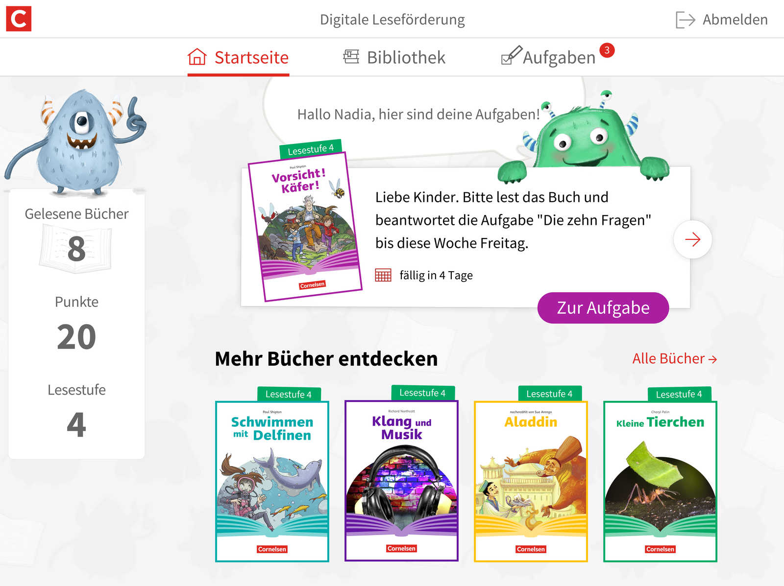 Leseo student home screen with library and monster guides
