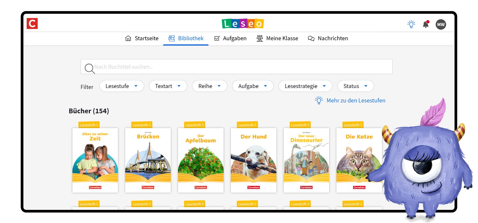 The Leseo library, teacher view — official Cornelsen product visual
