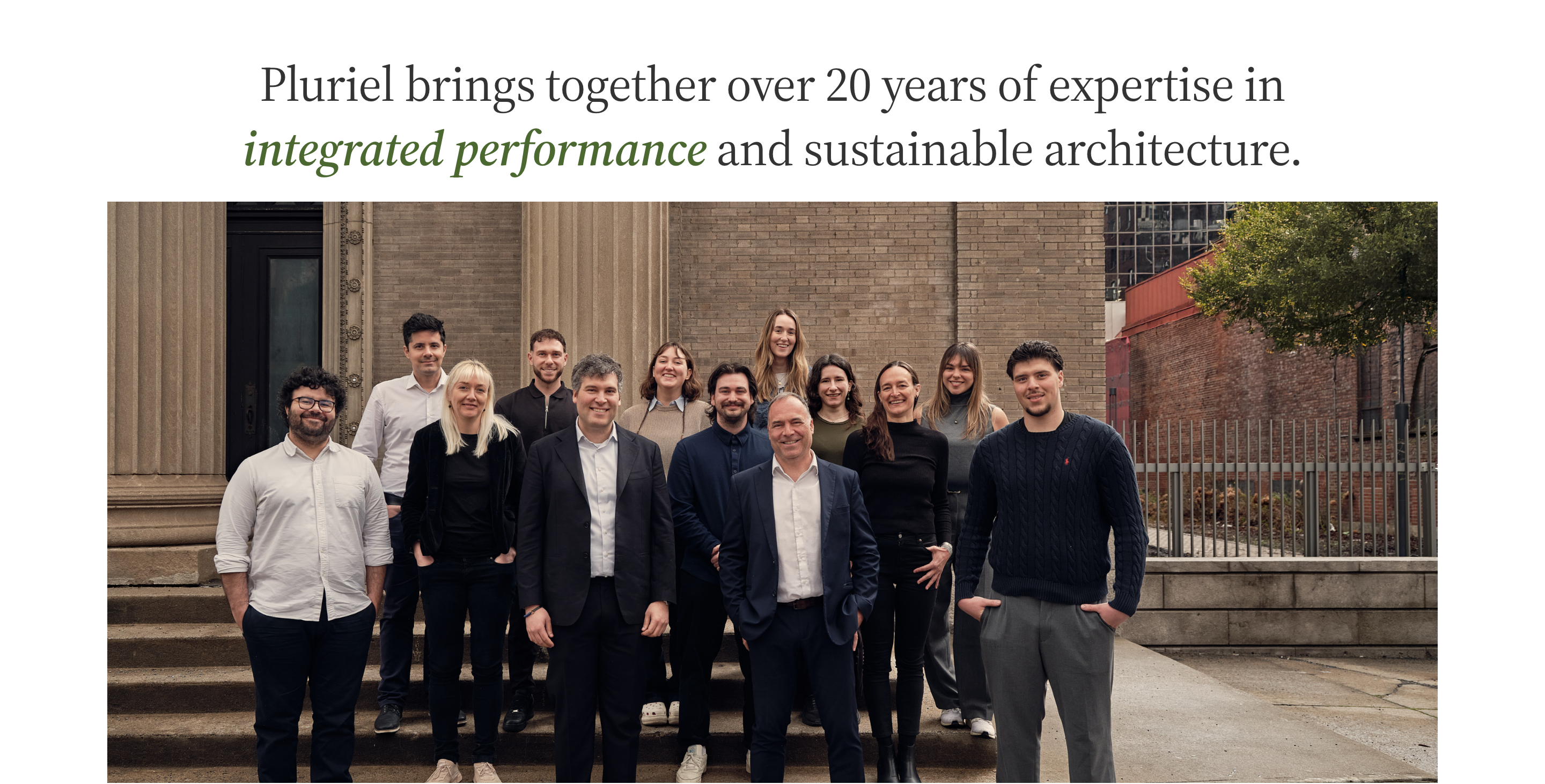 plurielasb.ca — the merged practice’s one-page site: wordmark, EN/FR switch, and the combined team on the steps of their Montréal office
