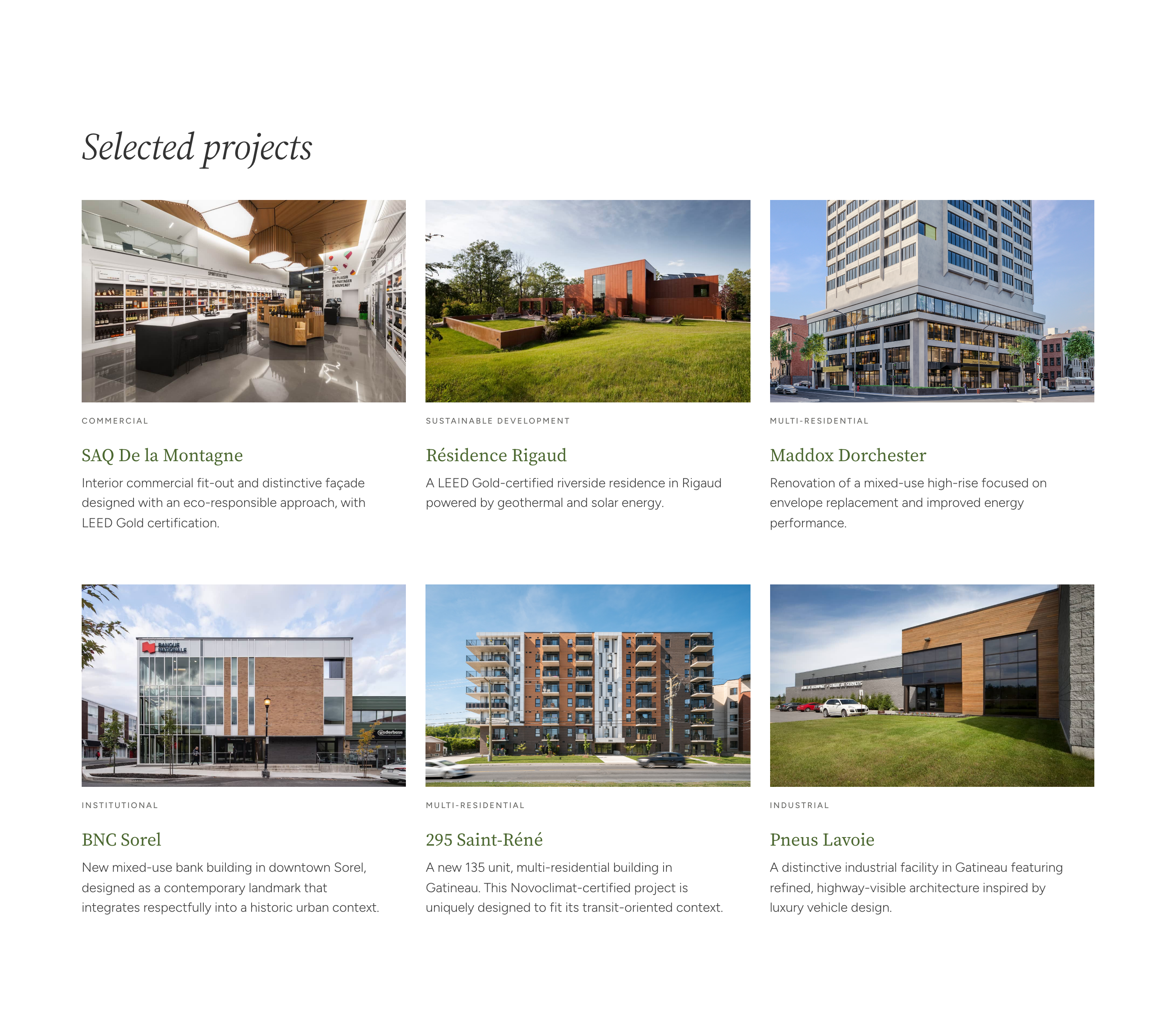 Selected projects on plurielasb.ca: six projects in a three-column grid, each with a small uppercase category, an olive serif title and a one-line description