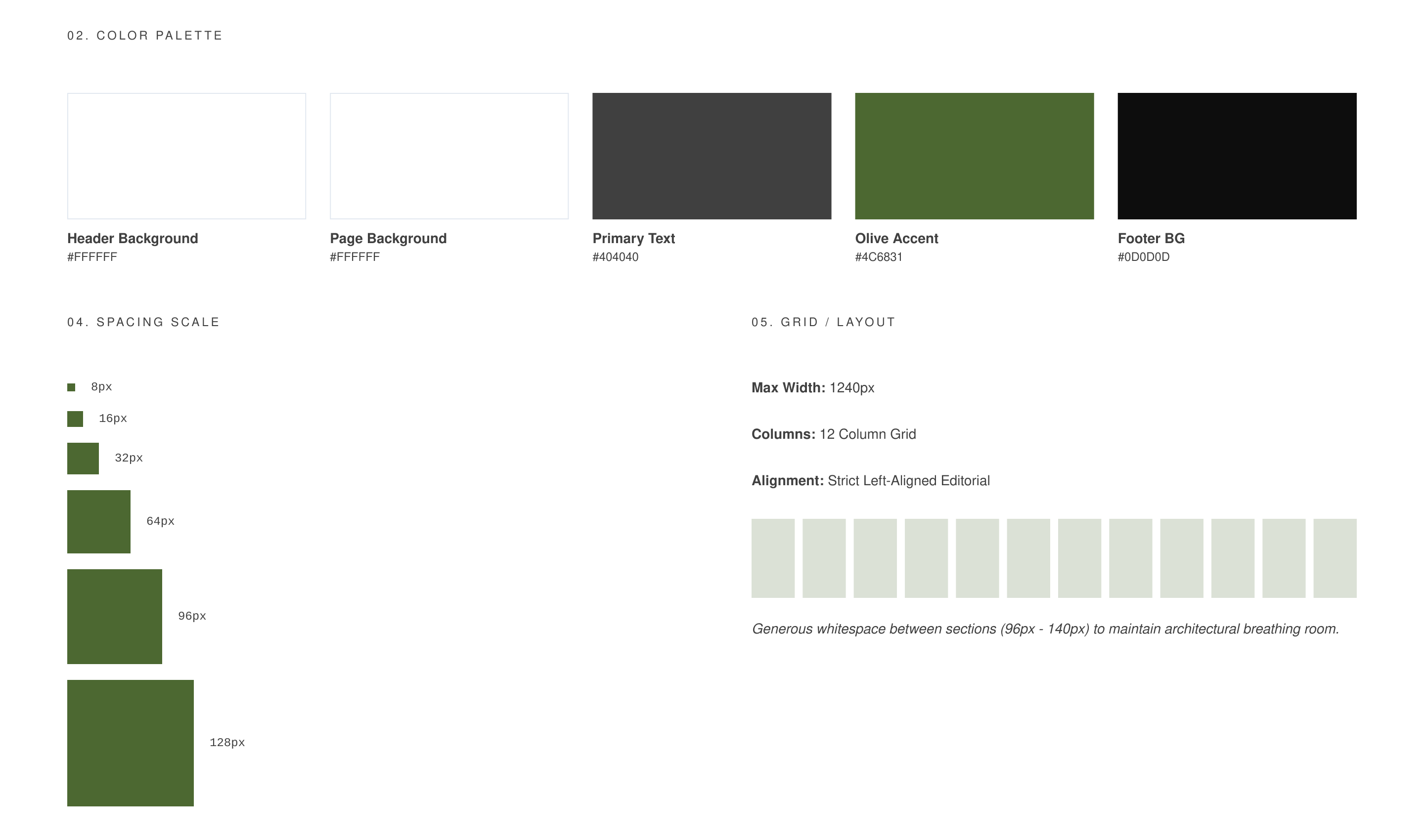 Two panels of the Pluriel style board: a palette with olive #4C6831 as the only accent, an 8 to 128px spacing scale, and a 12-column grid at a 1240px maximum width