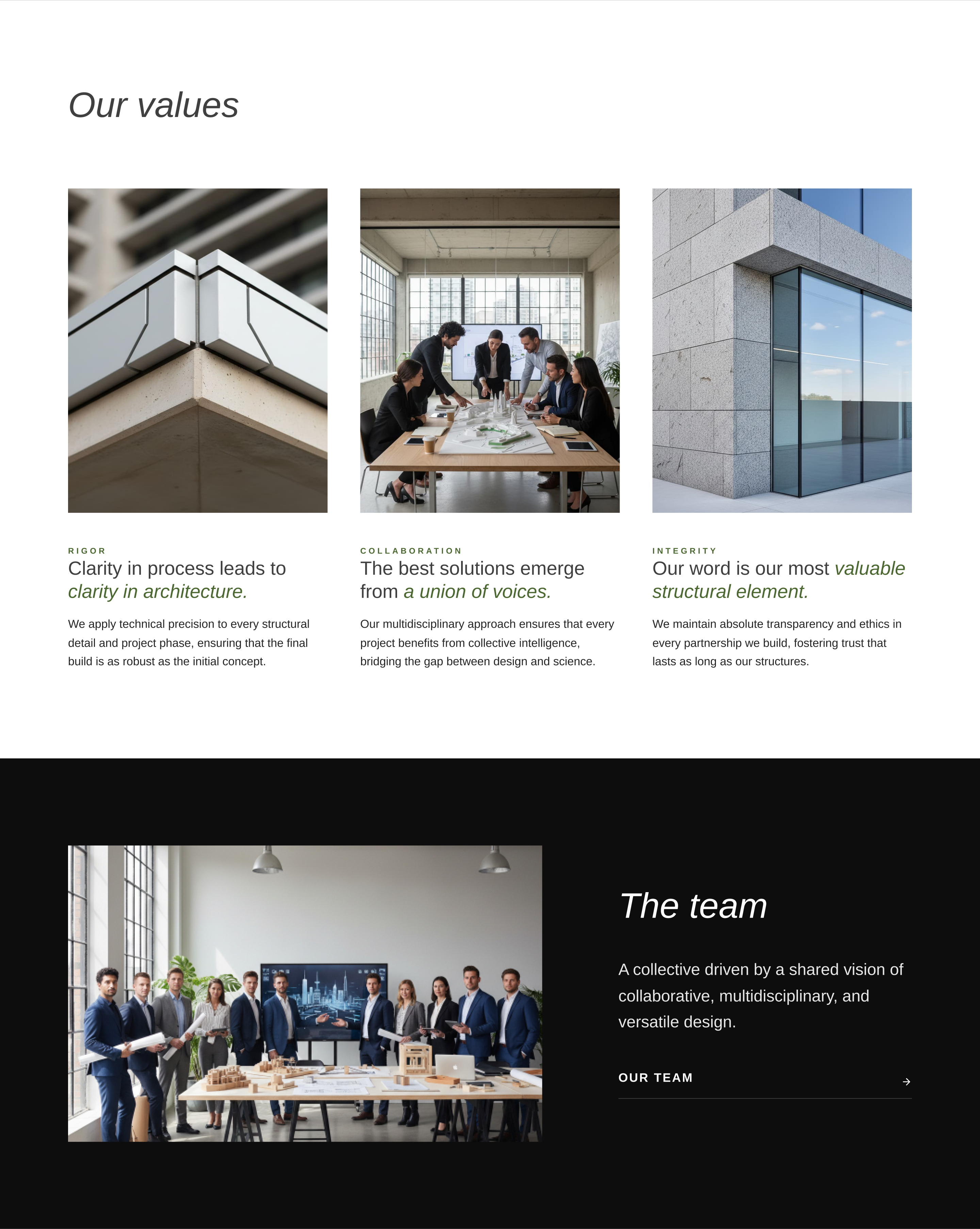 Homepage V2 with placeholder photography: three image cards for rigor, collaboration and integrity, then the team section on a dark full-width band