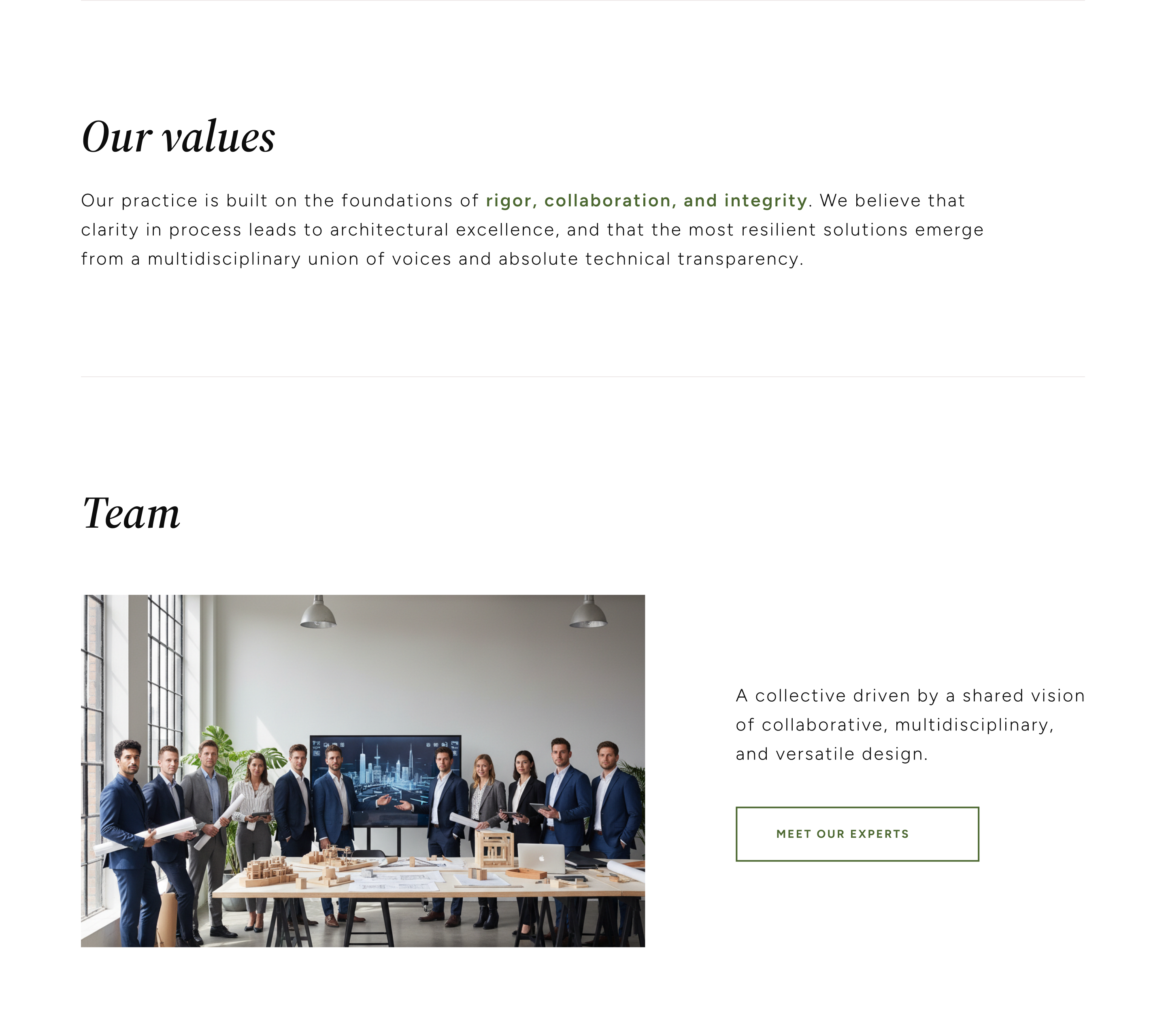 Homepage V3 with placeholder photography: the three values as one paragraph with the words in olive, then the team section on white