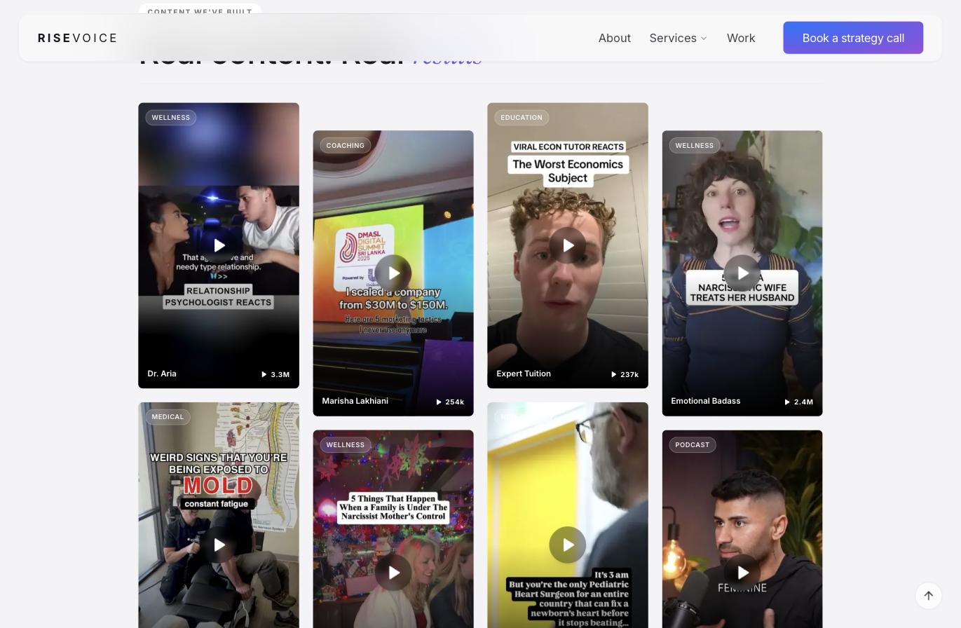 risevoice.media content grid — categorised client videos with view counts, browsable by type
