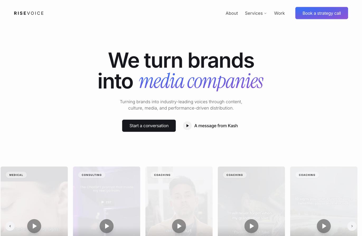 risevoice.media homepage hero — “We turn brands into media companies” above a carousel of client content