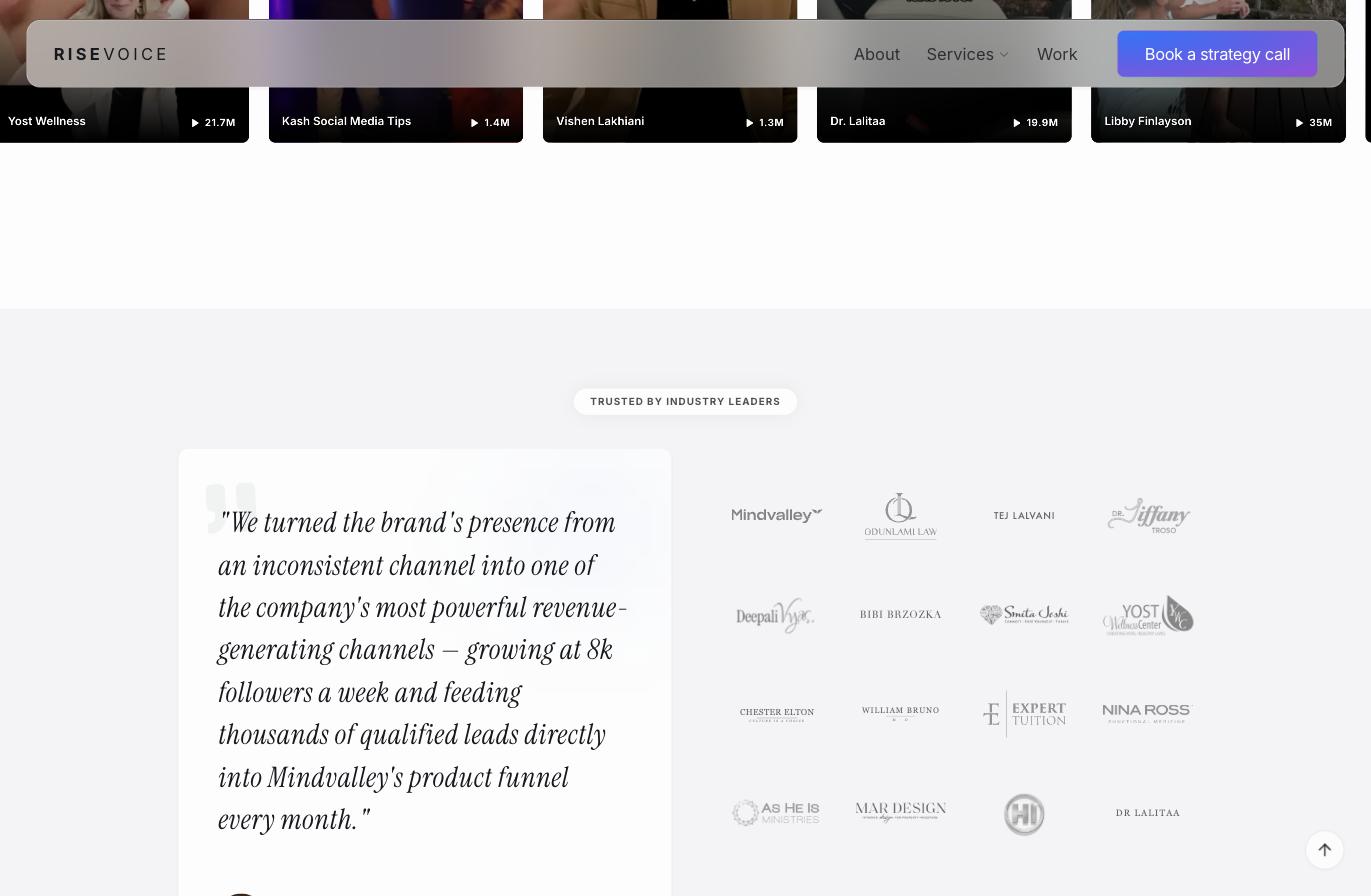 risevoice.media — client video carousel with view counts above the trusted-by logo wall and a Mindvalley testimonial