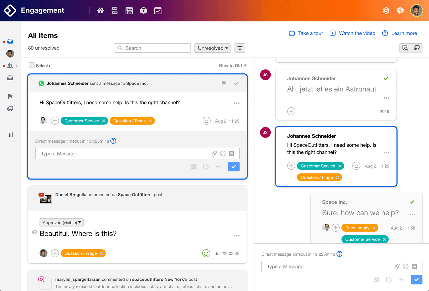 SocialHub Engagement inbox before the redesign — orange-to-purple gradient bar, two dense panes, 80 unresolved items, tour and video prompts competing with the work