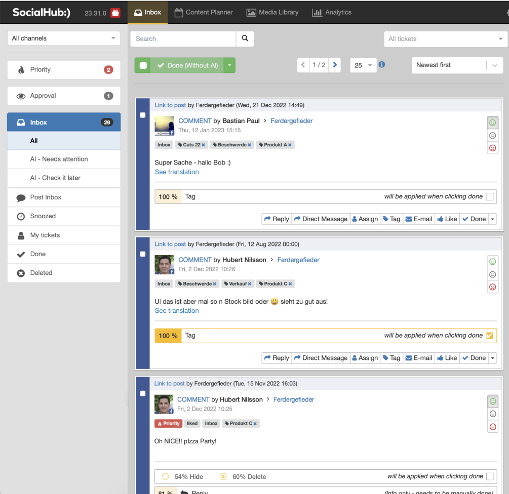 Pre-redesign SocialHub inbox: folder sidebar and stacked ticket cards, each with a See translation link under the message