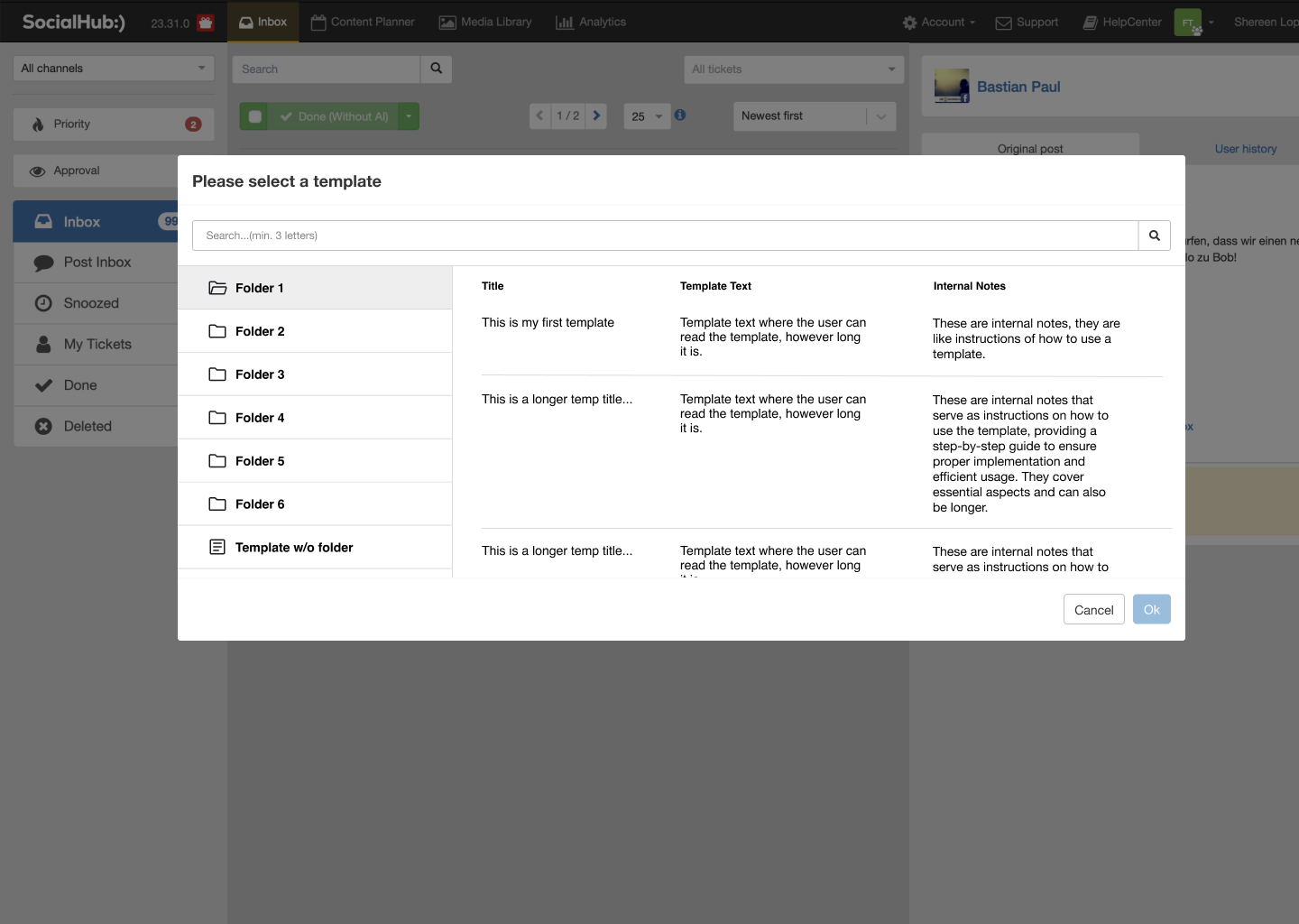 SocialHub inbox templates modal organized into named folders