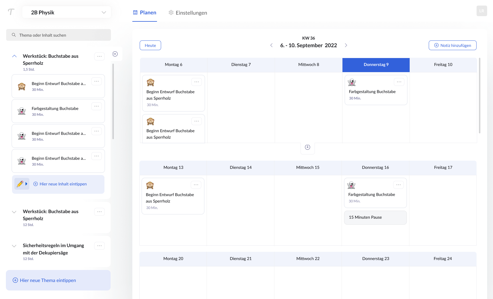 Teachino week planner in use, showing a real teacher’s lesson sequence across two school weeks
