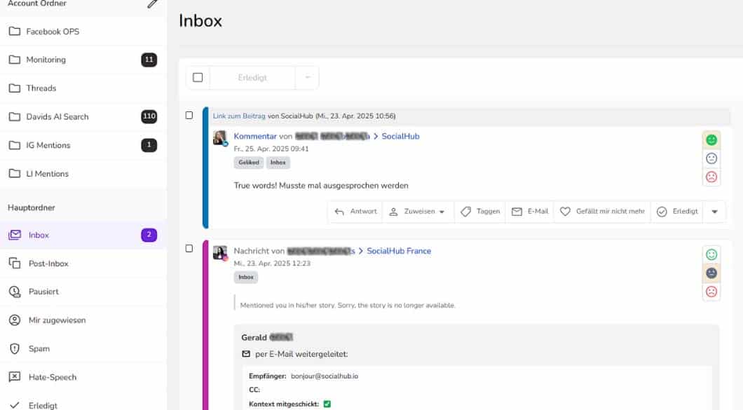 SocialHub unified inbox in production: folder sidebar, tagged conversations and reply workflow